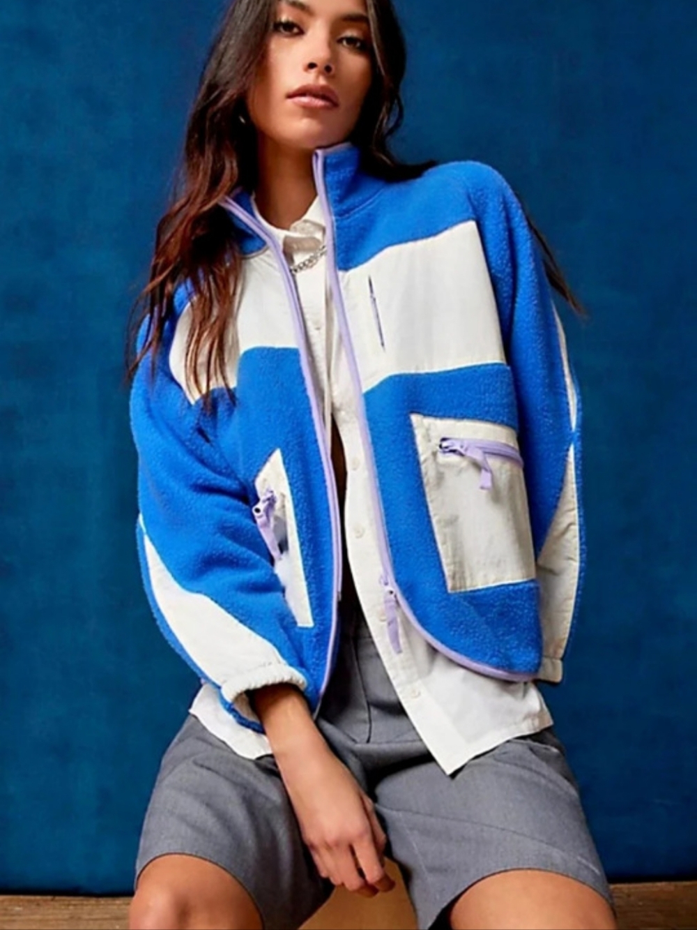 BDG Bruce Fleece Blue/White Full Zip Jacket Size XS